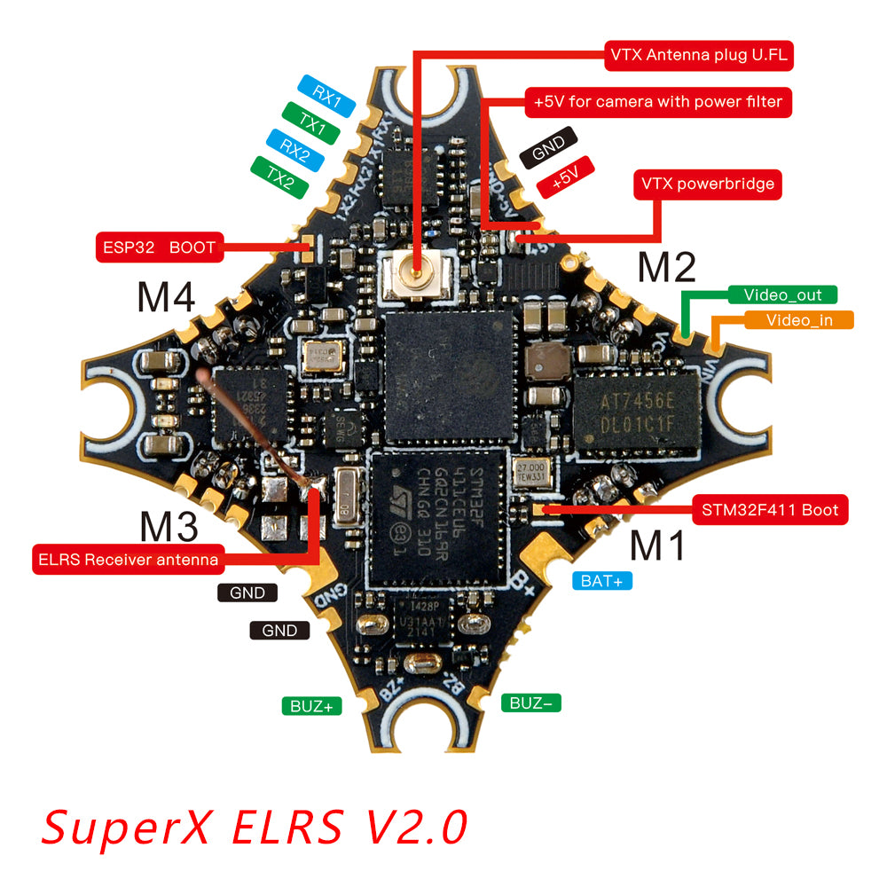 Contrôleur de vol Happymodel SuperX ELRS V2.0 5-en-1 AIO (1S, ESC 5A, VTX 400mW)