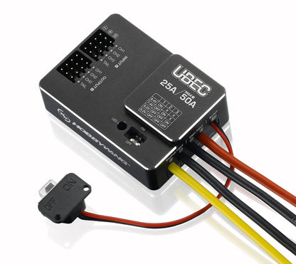 Black UBEC electronic component with wiring on a white background