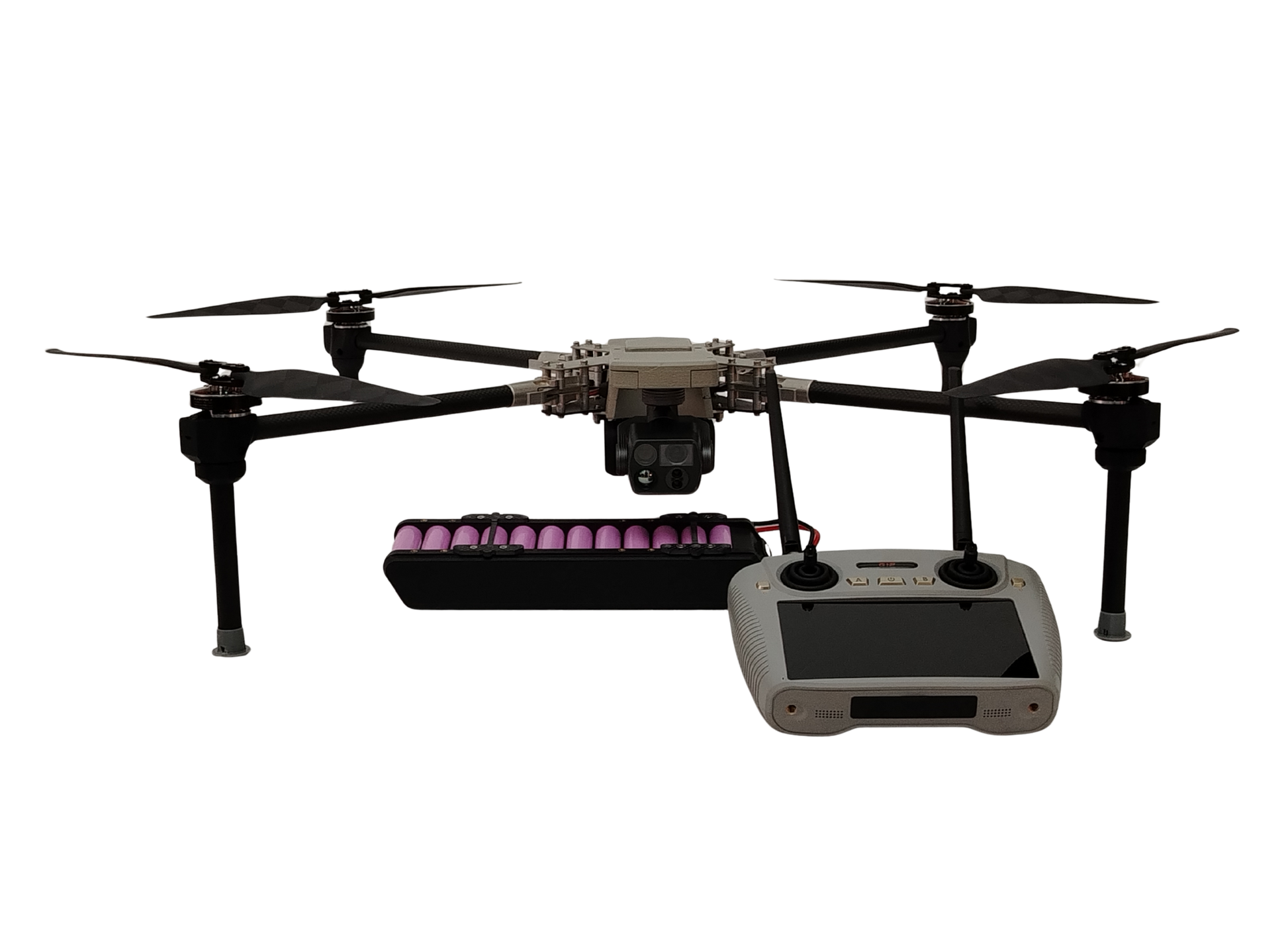 A quadcopter drone with a mounted camera, shown with a battery pack and a handheld remote controller on a plain white background.
