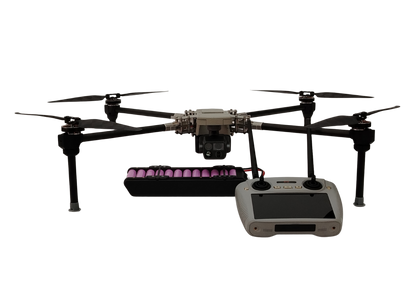 A quadcopter drone with a mounted camera, shown with a battery pack and a handheld remote controller on a plain white background.