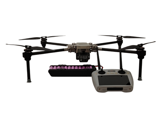 A quadcopter drone with a mounted camera, shown with a battery pack and a handheld remote controller on a plain white background.