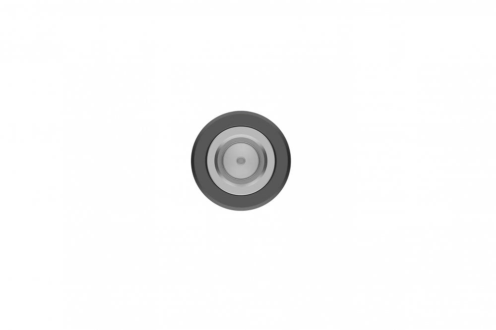 Simple black and white icon of a wheel on a white background