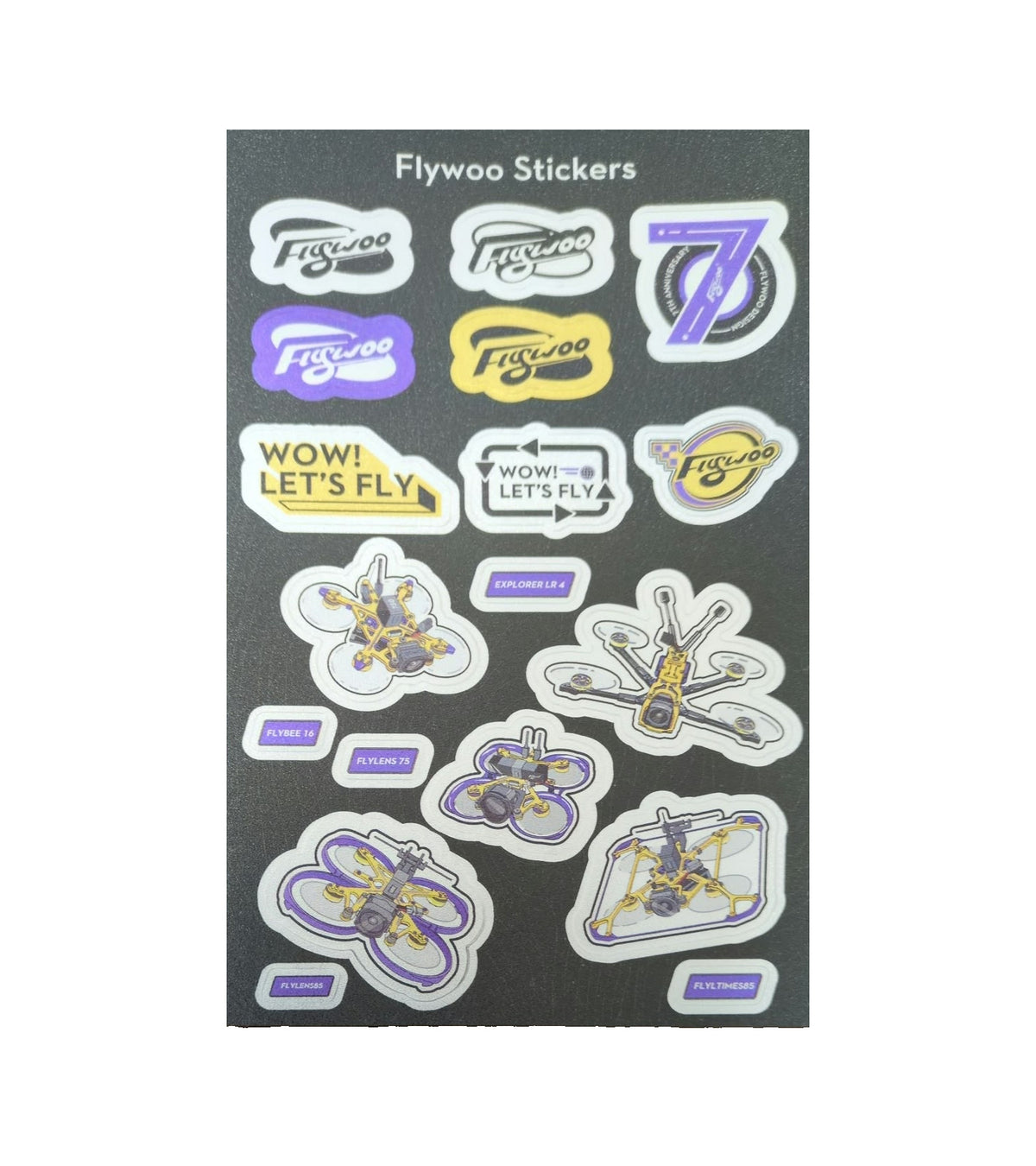 Complete Flywoo sticker sheet isolated on a white background, representative photo