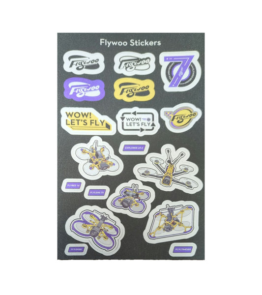 Complete Flywoo sticker sheet isolated on a white background, representative photo