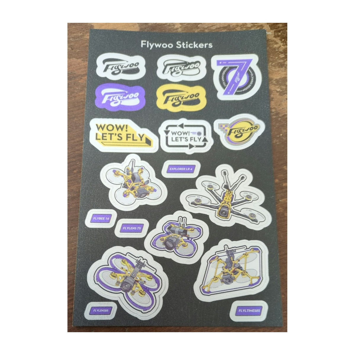 Complete Flywoo sticker sheet, representative photograph of the sheet without the 2025 heading