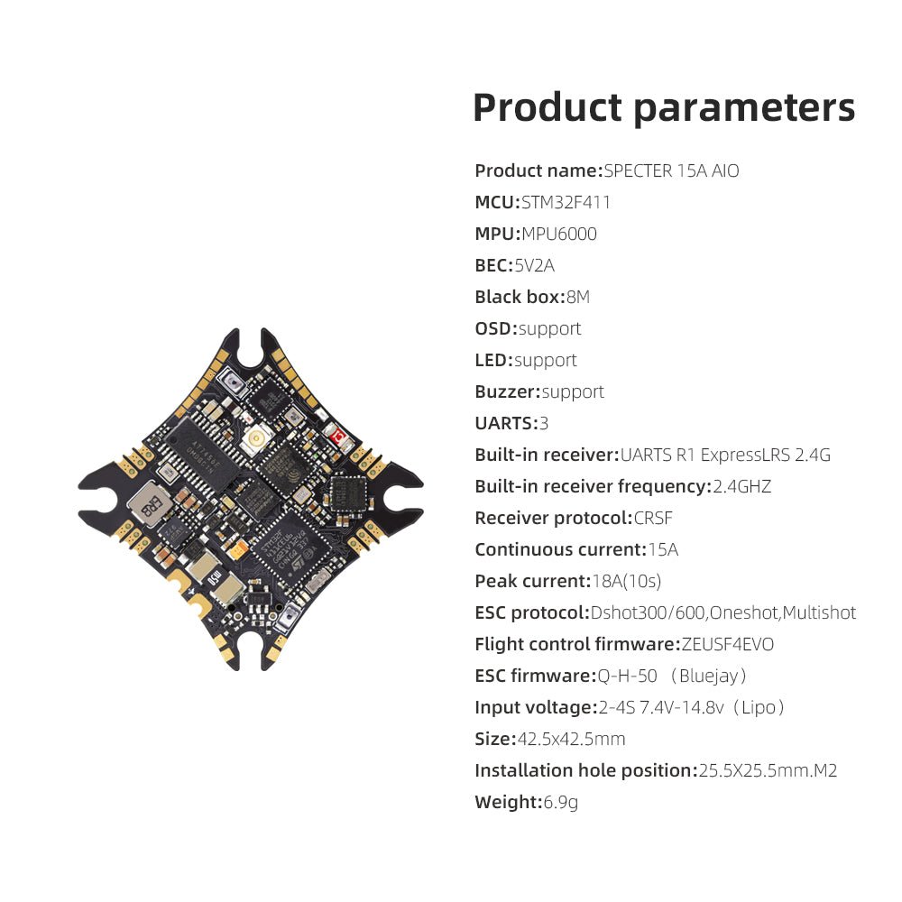 HGLRC Specter 15A 2-4S F411 AIO Flight Controller with Integrated Serial ELRS 2.4G