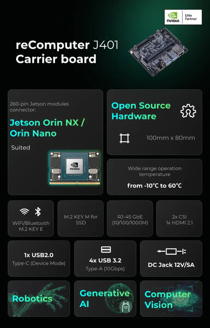 reComputer J401 - Open-source carrier board for Jetson Orin Nano/Orin NX (no power adapter)