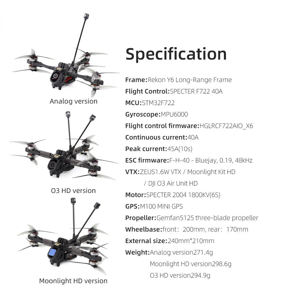HGLRC Rekon Y6 5 Inch 6S Long Range FPV Drone (Analog / O3 / Moonlight)