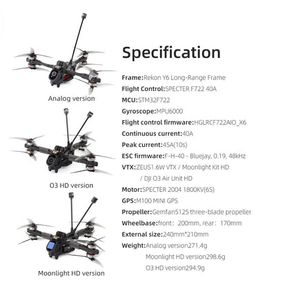 HGLRC Rekon Y6 5 Inch 6S Long Range FPV Drone (Analog / O3 / Moonlight)