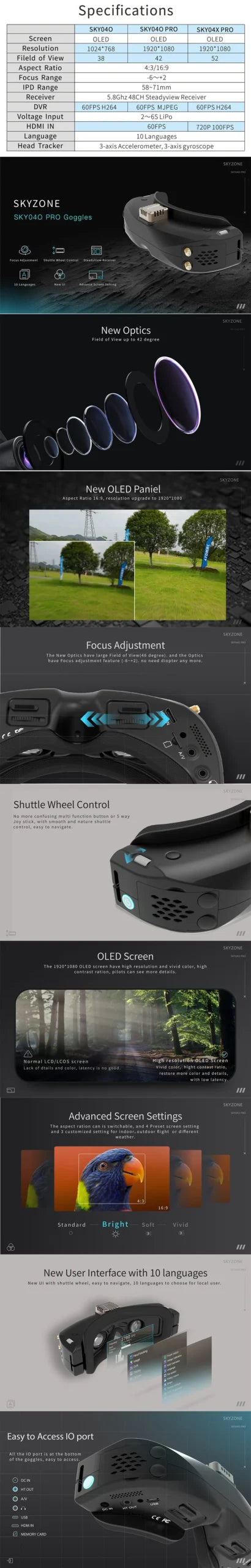 Skyzone SKY04O OLED 5.8GHz 48CH FPV Goggles
