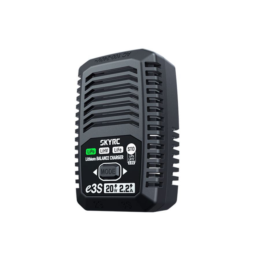 SkyRC e3S 20W charger, front three-quarter view