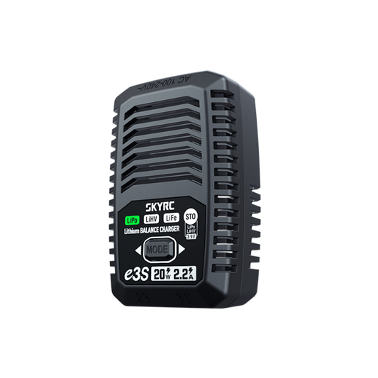 SkyRC e3S 20W charger, front three-quarter view