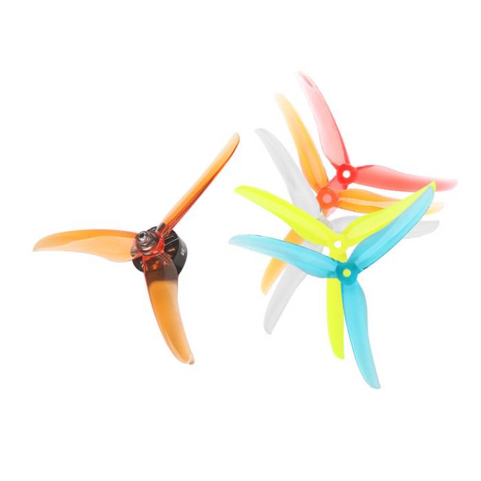 Two drone propellers, one orange and one multicolored, on a white background.
